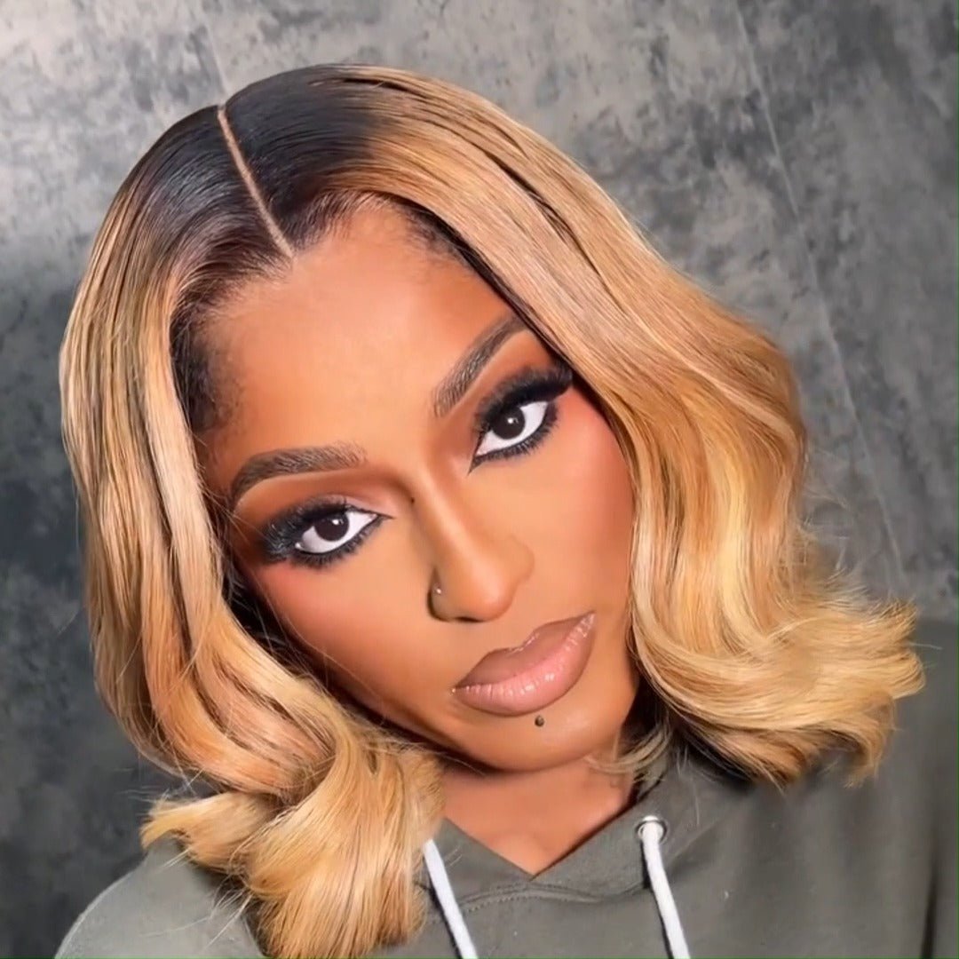 Ombre 1B/27 Glueless Wigs Natural Straight 13x4 Lace Front Human Hair Wigs Blonde Colored with Dark Roots Bob Wigs No Code Needed - GeetaHair
