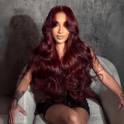 Curtain Bangs Burgundy Colored Glueless Human Hair Wigs Body Wave 13x4 Transparent Lace Front Wig - GeetaHair