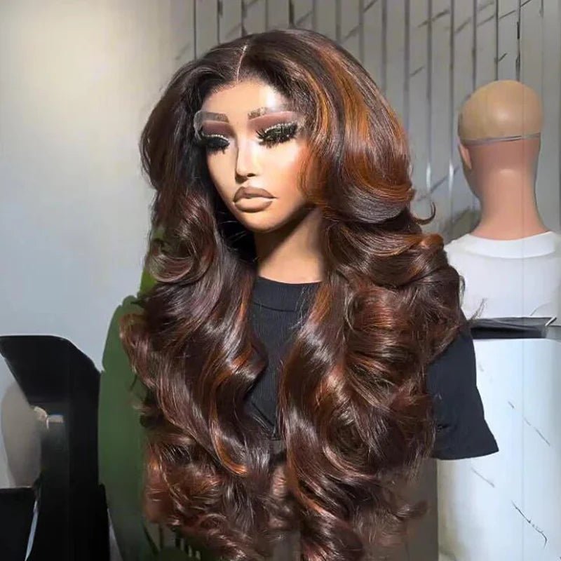 Highlights Brown Color 13x4 Lace Front Human Hair Wigs Ombre Body Wave Pre plucked Wigs - GeetaHair