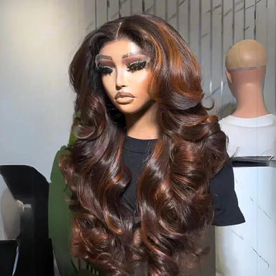Highlights Brown Color 13x4 Lace Front Human Hair Wigs Ombre Body Wave Pre plucked Wigs - GeetaHair