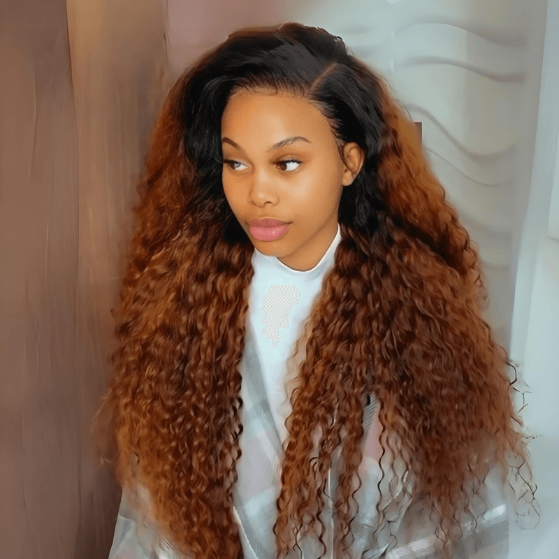 Geeta Caramel Brown Wand Curly 13x4 Lace Front Wig With Dark Root Wig Ombre Color HD Lace Human Hair Wigs - GeetaHair