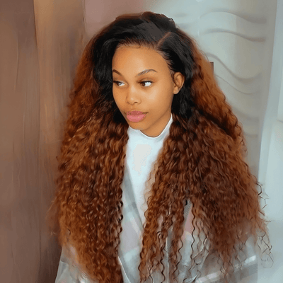 Geeta Caramel Brown Wand Curly 13x4 Lace Front Wig With Dark Root Wig Ombre Color HD Lace Human Hair Wigs - GeetaHair