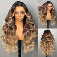 Highlight Blonde Color 13×4 / 7x5 Lace Long Wavy Human Hair Wigs Ombre Blonde Balayage Lace Front Wigs - GeetaHair