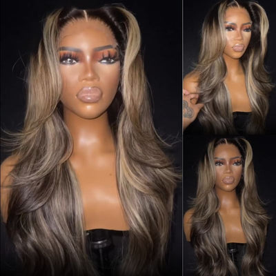 Geeta Brown Mixed Golden Color Long Wavy Human Hair Wigs Ombre Brown Balayage Highlight Lace Front Wigs - GeetaHair