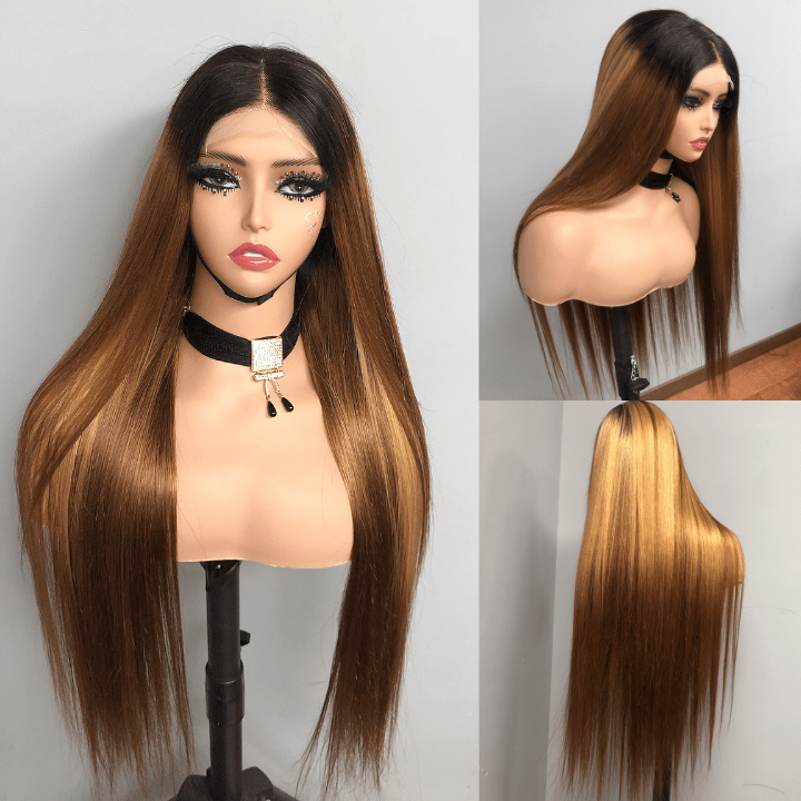 Straight Brown Wig With Blonde Highlights 13x4 HD Transaparent Lace Front Human Hair Wigs With Dark Roots - Geeta Hair - GeetaHair