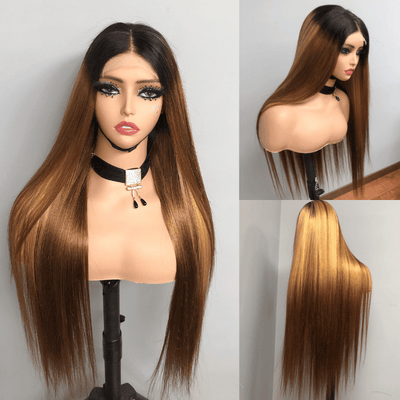 Straight Brown Wig With Blonde Highlights 13x4 HD Transaparent Lace Front Human Hair Wigs With Dark Roots - Geeta Hair - GeetaHair