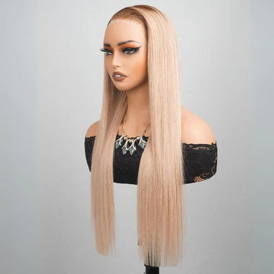 Luxury Designer Series Light Flaxen Brow with Dark Roots Wig Straight 13x4 Lace Front Gluleless Wigs - GeetaHair