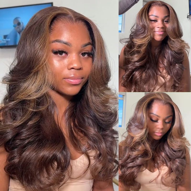 Dark Brown With Highlights Loose Body Wave Wig 13x4 Glueless Wigs Human Hair Pre Plucked 250% Density - GeetaHair