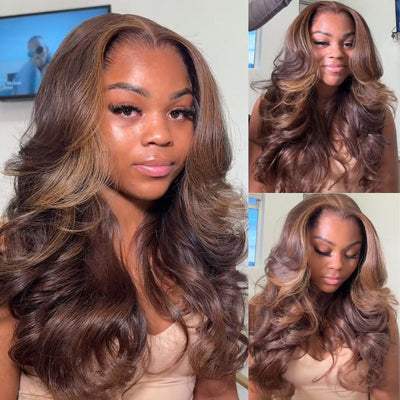 Dark Brown With Highlights Loose Body Wave Wig 13x4 Glueless Wigs Human Hair Pre Plucked 250% Density - GeetaHair