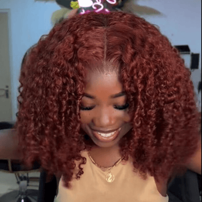 Reddish Brown Kinky Curly 13x4 HD Transparent Lace Front Wig Human Hair Bob Wigs - Geetahair - GeetaHair