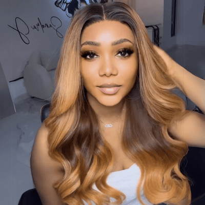 Body Wave Brown Blonde Lace Front Wigs With Black Root 13x4 HD Lace Wig 180% Density - GeetaHair