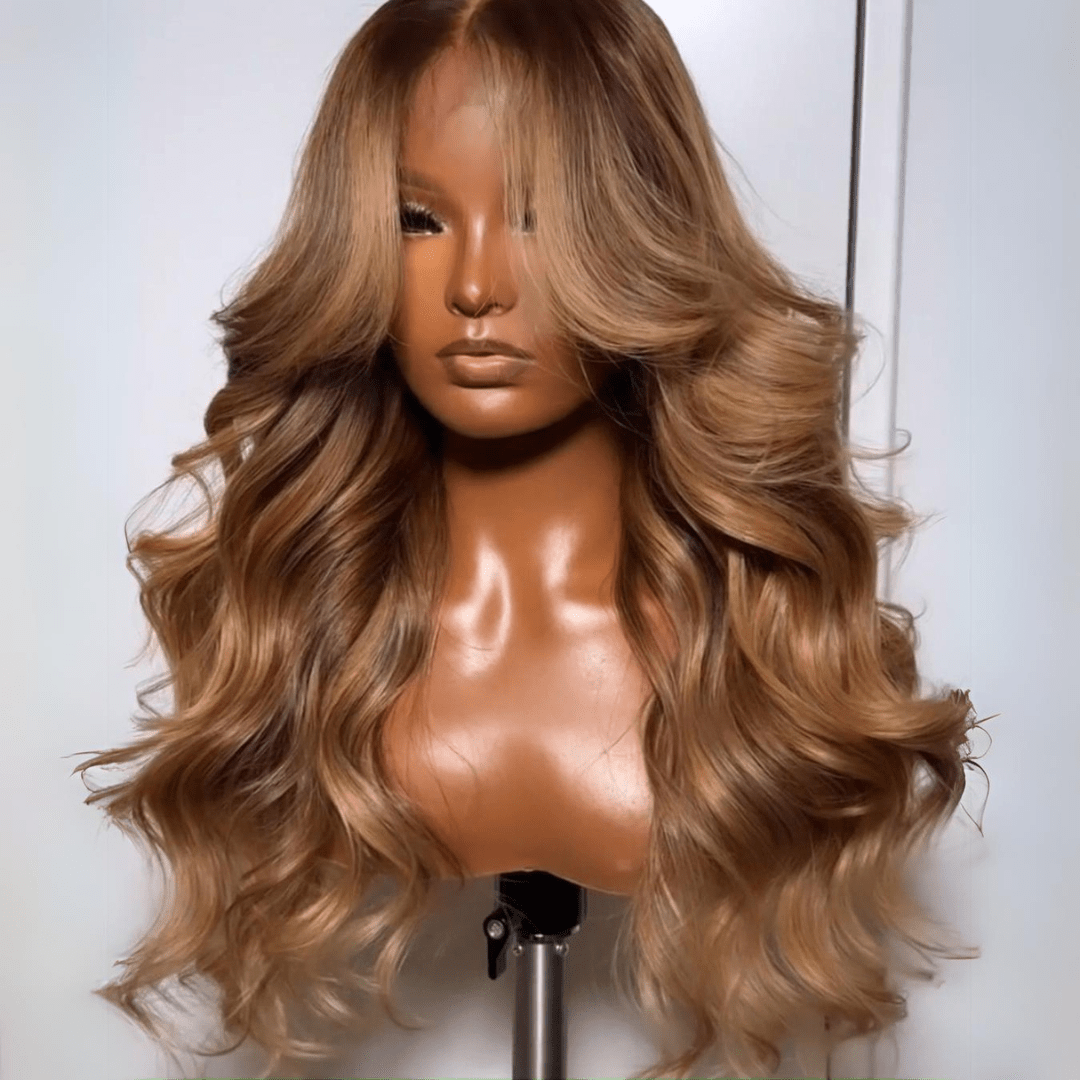 Geeta Dark Brown Curtain Bangs 13x4 Lace Front Wig Brown with Blonde Highlights Lace Front Human Hair Wigs - GeetaHair
