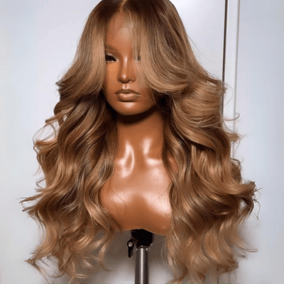 Geeta Dark Brown Curtain Bangs 13x4 Lace Front Wig Brown with Blonde Highlights Lace Front Human Hair Wigs - GeetaHair