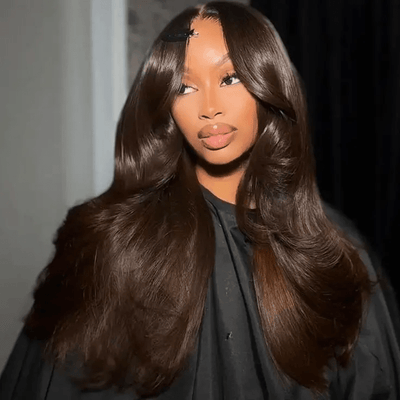 Full 300% Density Layered Cut Chocolate Brown Straight Wear Go Wig 6x4 Lace Closure Glueless Color Wig - GeetaHair