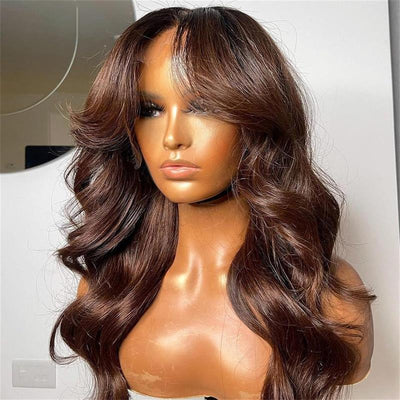Chestnut Brown Body Wave Glueless 5x5 HD Lace Closure Wig Easy to Wear Lace Human Hair Bob Wigs With Curtain Bangs - GeetaHair - GeetaHair