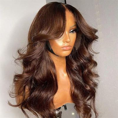 Chestnut Brown Body Wave Glueless 5x5 HD Lace Closure Wig Easy to Wear Lace Human Hair Bob Wigs With Curtain Bangs - GeetaHair - GeetaHair
