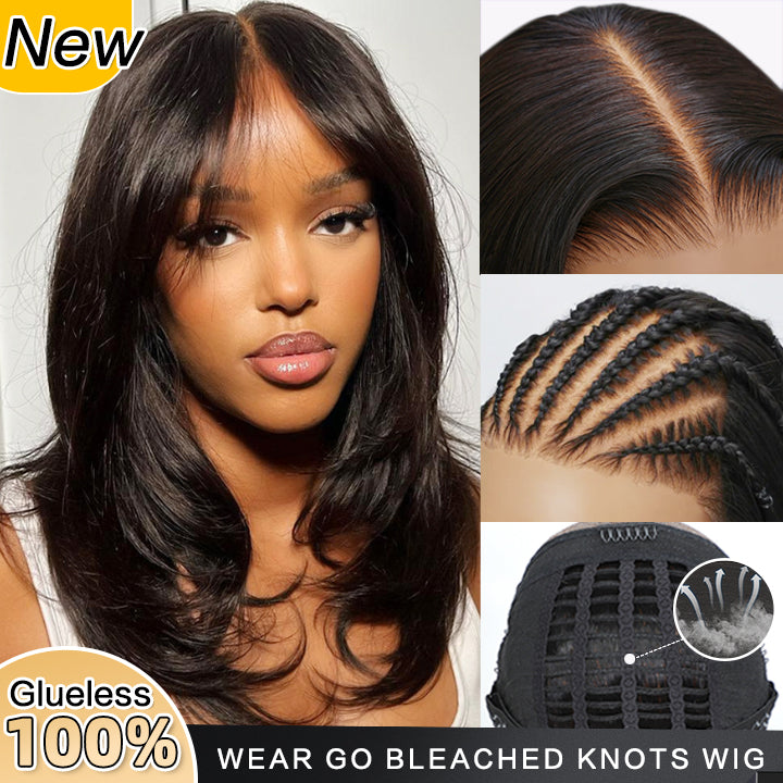 Long Natural Wavy Curtain Bangs Glueless 5x5 HD Lace Closure Wig Easy to Wear Lace Human Hair Bob Wigs-GeetaHair