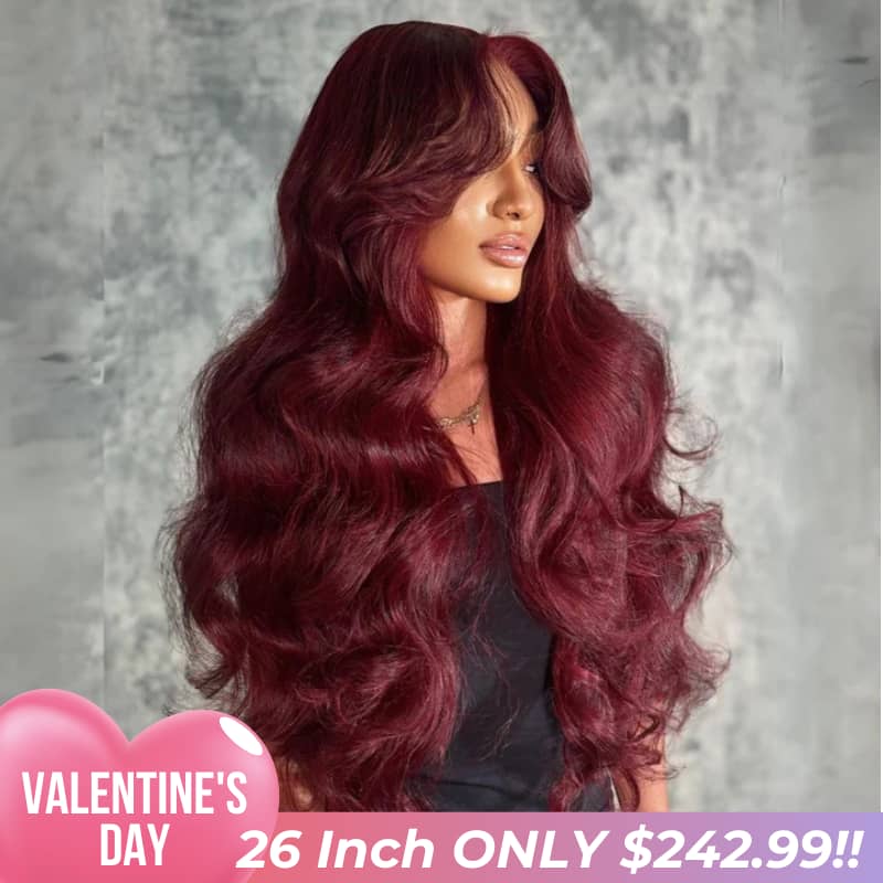 Valentine's Special Sale Curtain Bangs Burgundy Colored Glueless Human Hair Wigs Body Wave 13x4 Transparent Lace Front Wig