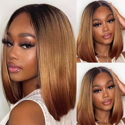 Ombre Brown Straight Short HD Lace Front Bob Wig Colored Glueless Human Hair Wigs - GeetaHair