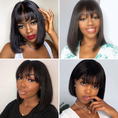 Buy 1 Get 1 Free: Glueless Straight Real Human Hair Bob Wig With Bangs - Flash Sale - GeetaHair