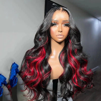 Funky Colored Wigs | Glueless 13x4/6x4.5 Highlight Red Body Wave Pre Cut HD Transaparent Lace Human Hair Wigs - Geeta Hair - GeetaHair