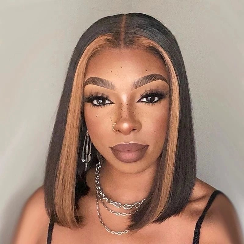 Skunk Stripe Hair Straight Lace Front Bob Wig With Brown Highlight HD Transparent Lace Human Hair Bob Wigs - GeetaHair