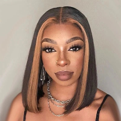Skunk Stripe Hair Straight Lace Front Bob Wig With Brown Highlight HD Transparent Lace Human Hair Bob Wigs - GeetaHair