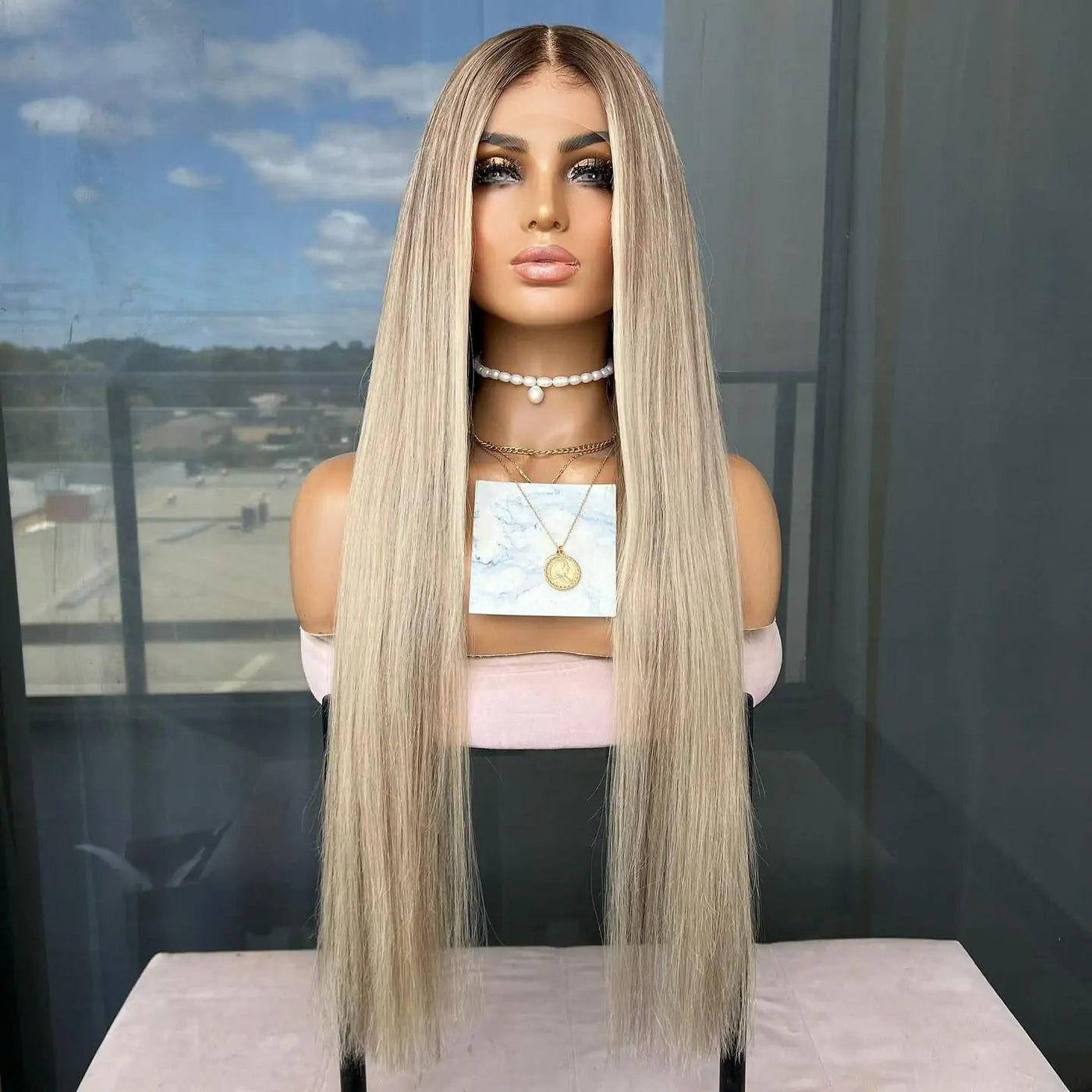 Highlight Ash Blonde Human Hair Wig Straight 13x4 Lace Front Ash Blonde Wig with Dark Roots Pre Plucked - GeetaHair
