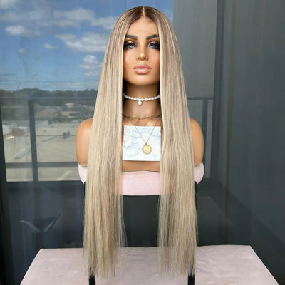Highlight Ash Blonde Human Hair Wig Straight 13x4 Lace Front Ash Blonde Wig with Dark Roots Pre Plucked - GeetaHair