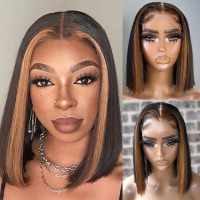 Skunk Stripe Hair Straight Lace Front Bob Wig With Brown Highlight HD Transparent Lace Human Hair Bob Wigs - GeetaHair