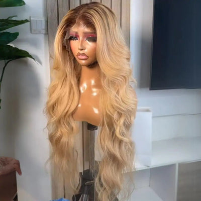 Honey Blonde Body Wave Wigs 13x4 HD Transparent Lace Front Human Hair Wig with Black Root Pre Plucked - GeetaHair