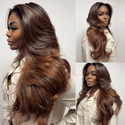 Layered Cut With Curtain Bangs Glueless Wigs Brown Higlight Long Wavy 13x4 Lace Front Human Hair Wigs 250% Density - GeetaHair