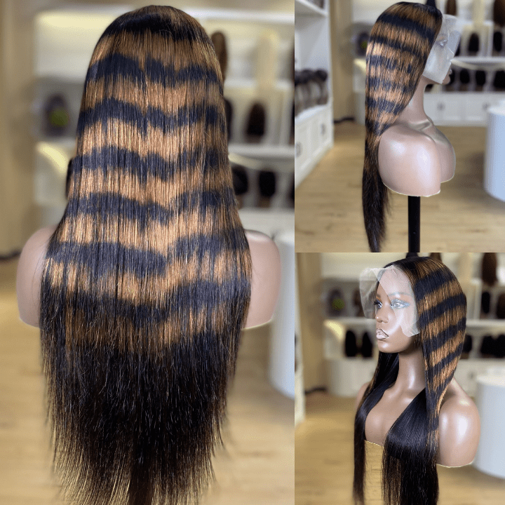 Highlight Zebra Brown Horizontal Stripe Long Straight Hair Glueless 4x4/13x4 HD Lace Front Human Hair Wigs - Geeta Hair - GeetaHair