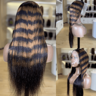 Highlight Zebra Brown Horizontal Stripe Long Straight Hair Glueless 4x4/13x4 HD Lace Front Human Hair Wigs - Geeta Hair - GeetaHair