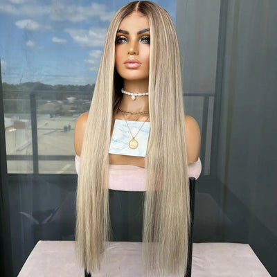 Highlight Ash Blonde Human Hair Wig Straight 13x4 Lace Front Ash Blonde Wig with Dark Roots Pre Plucked - GeetaHair