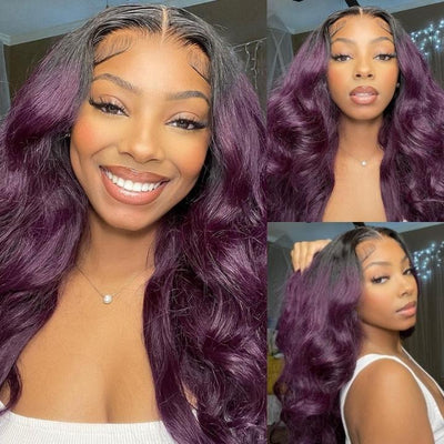 Funky Colored Wigs | Smokey Deep Purple 13x4 Lace Front Body Wave Wig With Black Roots Ombre Colored HD Lace Human Hair Wigs - Geeta Hair - GeetaHair