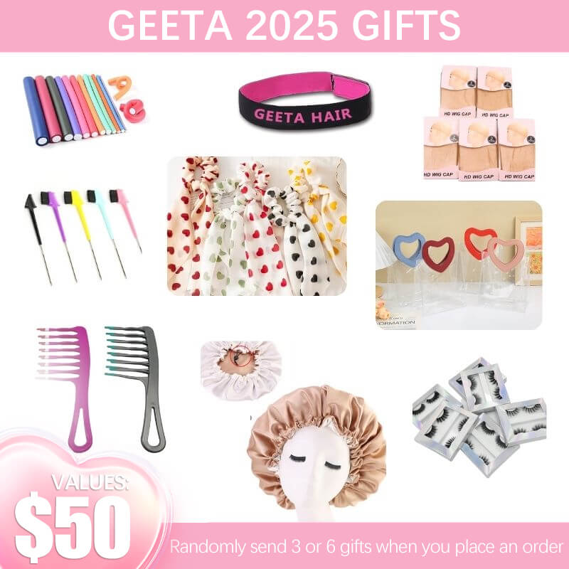 Geeta Gifts Package, Includes Random 3 - 6 Gifts:Love Hair Bands, Love Handbag, Shower Cap, Hot Comb, Wig Cap, 3D Mink Eyelashes, Elastic Headband, Clips, Edge Brush etc - GeetaHair