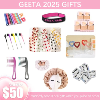 Geeta Gifts Package, Includes Random 3 - 6 Gifts:Love Hair Bands, Love Handbag, Shower Cap, Hot Comb, Wig Cap, 3D Mink Eyelashes, Elastic Headband, Clips, Edge Brush etc - GeetaHair