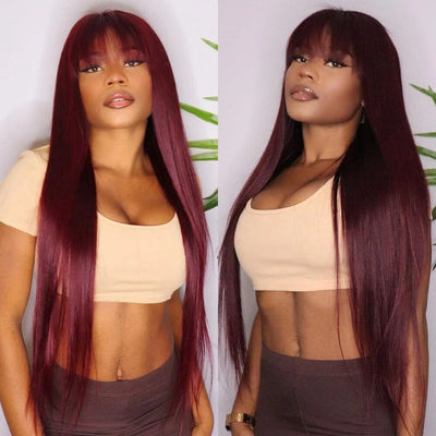 Glueless Long Straight Hair With Bangs Burgundy Wig Human Hair Wig - Geeta Hair - GeetaHair
