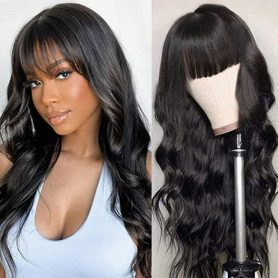Flash Sale $99 Get 20inch Geeta Long Body Wave Hair With Bangs Glueless Natural Black Human Hair Wig - GeetaHair