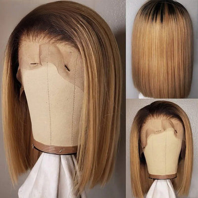 Ombre Brown Straight Short HD Lace Front Bob Wig Colored Glueless Human Hair Wigs - GeetaHair