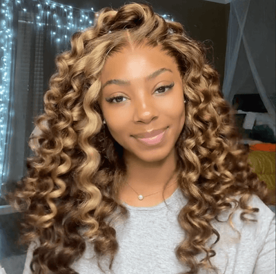 Highlight Honey Blonde Wand Curl Hair 13x4 Lace Front Wig Bouncy Loose Curly Transparent Lace Human Hair wigs - Geeta Hair - GeetaHair