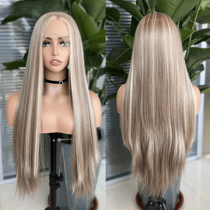 Straight Balayage HD Lace Front Wig Ash Blonde Colored Human Hair Wigs With Highlights - GeetaHair
