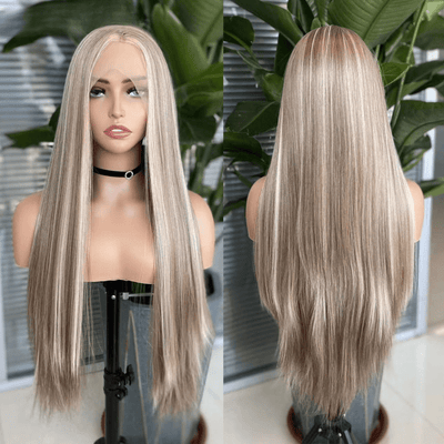 Straight Balayage HD Lace Front Wig Ash Blonde Colored Human Hair Wigs With Highlights - GeetaHair