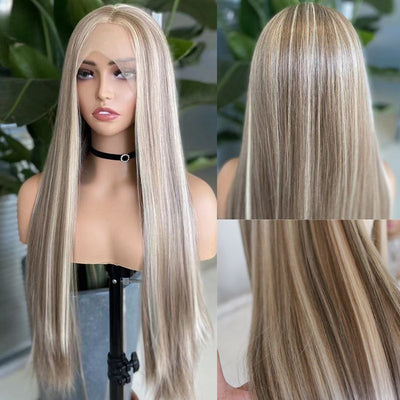 Straight Balayage HD Lace Front Wig Ash Blonde Colored Human Hair Wigs With Highlights - GeetaHair