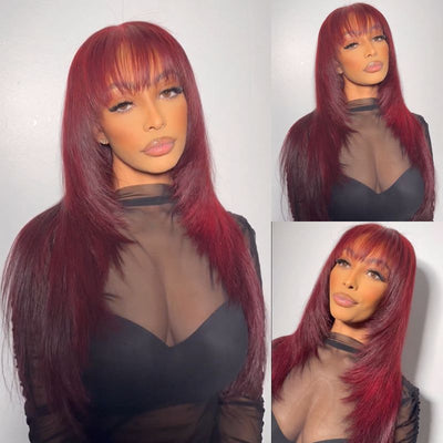 Glueless Long Straight Hair With Bangs Burgundy Wig Human Hair Wig - Geeta Hair - GeetaHair