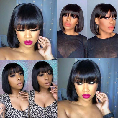 Bogo Sale: $99= 10" Bob Straight Wig With Bangs Natural Color + 10" Bob Straight Wig With Bangs Ombre Color - GeetaHair