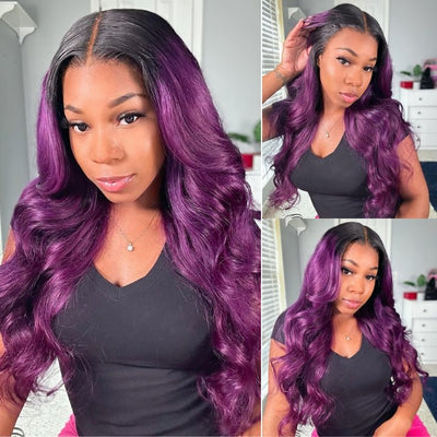 Smokey Purple 13x4 Lace Front Body Wave Wig With Black Roots Ombre Funky Colored HD Lace Human Hair Wigs - Geeta Hair - GeetaHair