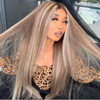 Straight Balayage HD Lace Front Wig Ash Blonde Colored Human Hair Wigs With Highlights - GeetaHair
