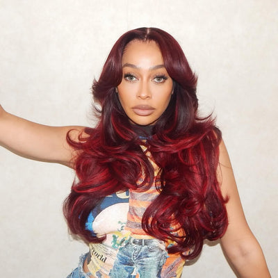 Highlight 99J With Red Glueless Wigs 13x4 Long Wavy Lace Front Human Hair Wigs Red Burgundy Colored Wigs For Women - GeetaHair